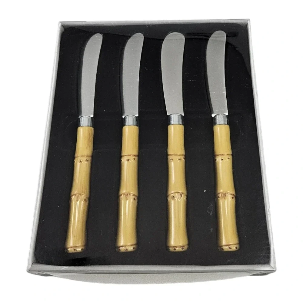 Vintage Bamboo Handle Cheese Knife Spreader Set Boho Tropical Palm Beach NOS